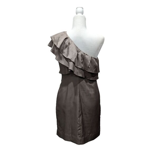 Apostrophe Taupe Sateen One Shoulder Double Ruffle Party Mini Dress, 6 - Picture 4 of 7
